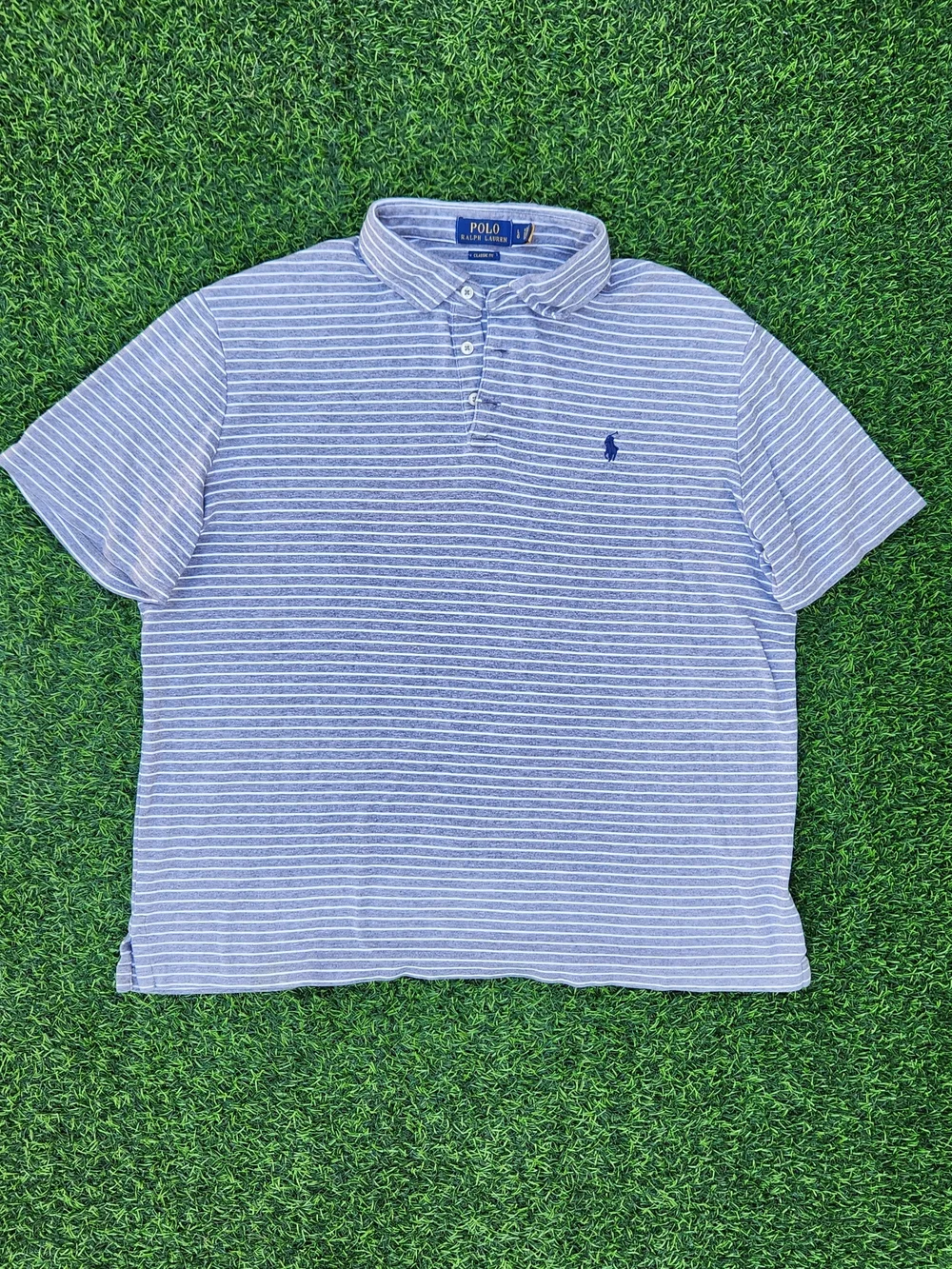 Polo by Ralph Lauren Gray Stripe Classic Fit Polo Shirt SIZE L